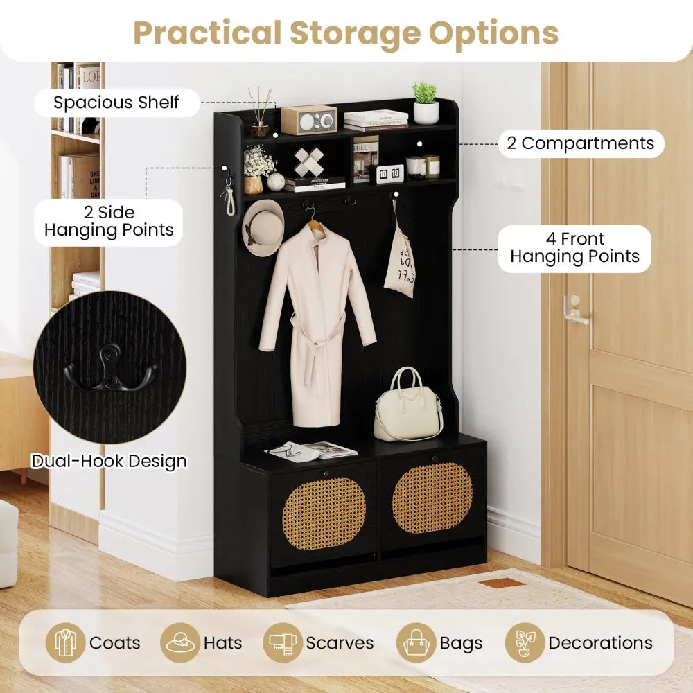 4-In-1 Hall Tree with Coat Rack and Flip Drawers for Entryway Mudroom-Black - Black - Coat Racks & Hall Trees