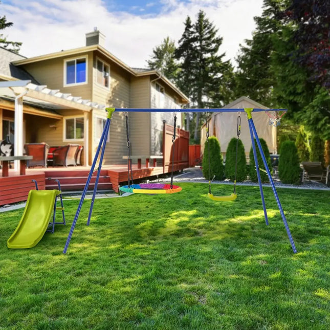 4-in-1 Heavy-Duty Metal Playset with Slide and Basketball Hoop - Multicolor - Swing & Playsets
