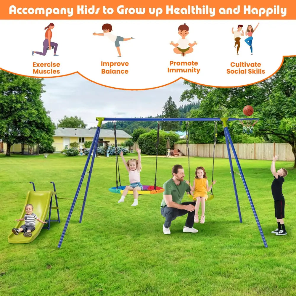 4-in-1 Heavy-Duty Metal Playset with Slide and Basketball Hoop - Multicolor - Swing & Playsets
