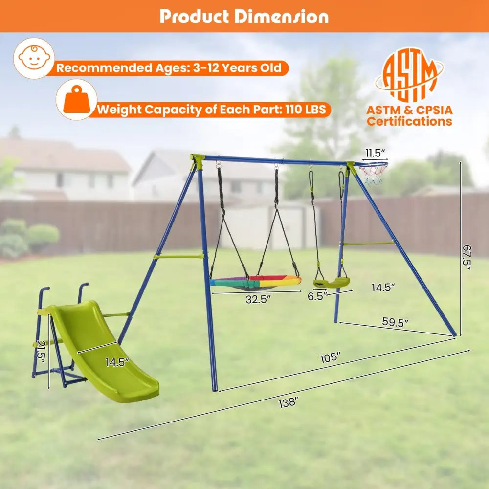 4-in-1 Heavy-Duty Metal Playset with Slide and Basketball Hoop - Multicolor - Swing & Playsets