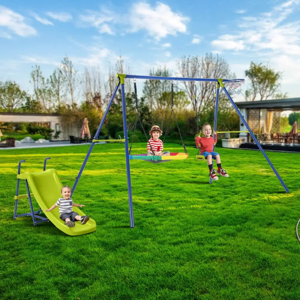 4-in-1 Heavy-Duty Metal Playset with Slide and Basketball Hoop - Multicolor - Swing & Playsets
