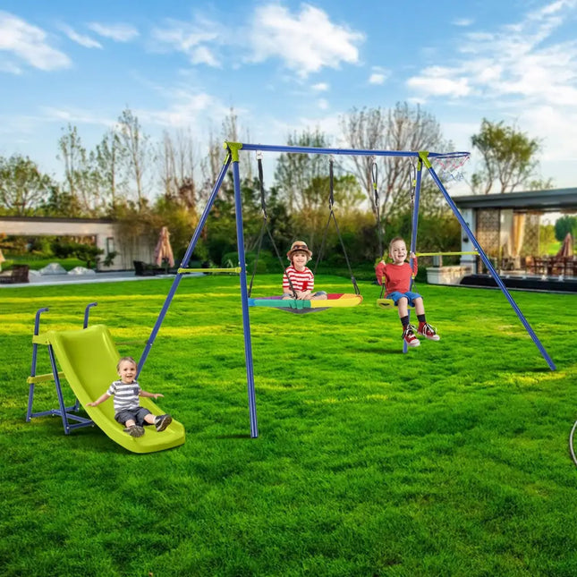 4-in-1 Heavy-Duty Metal Playset with Slide and Basketball Hoop - Multicolor - Swing & Playsets
