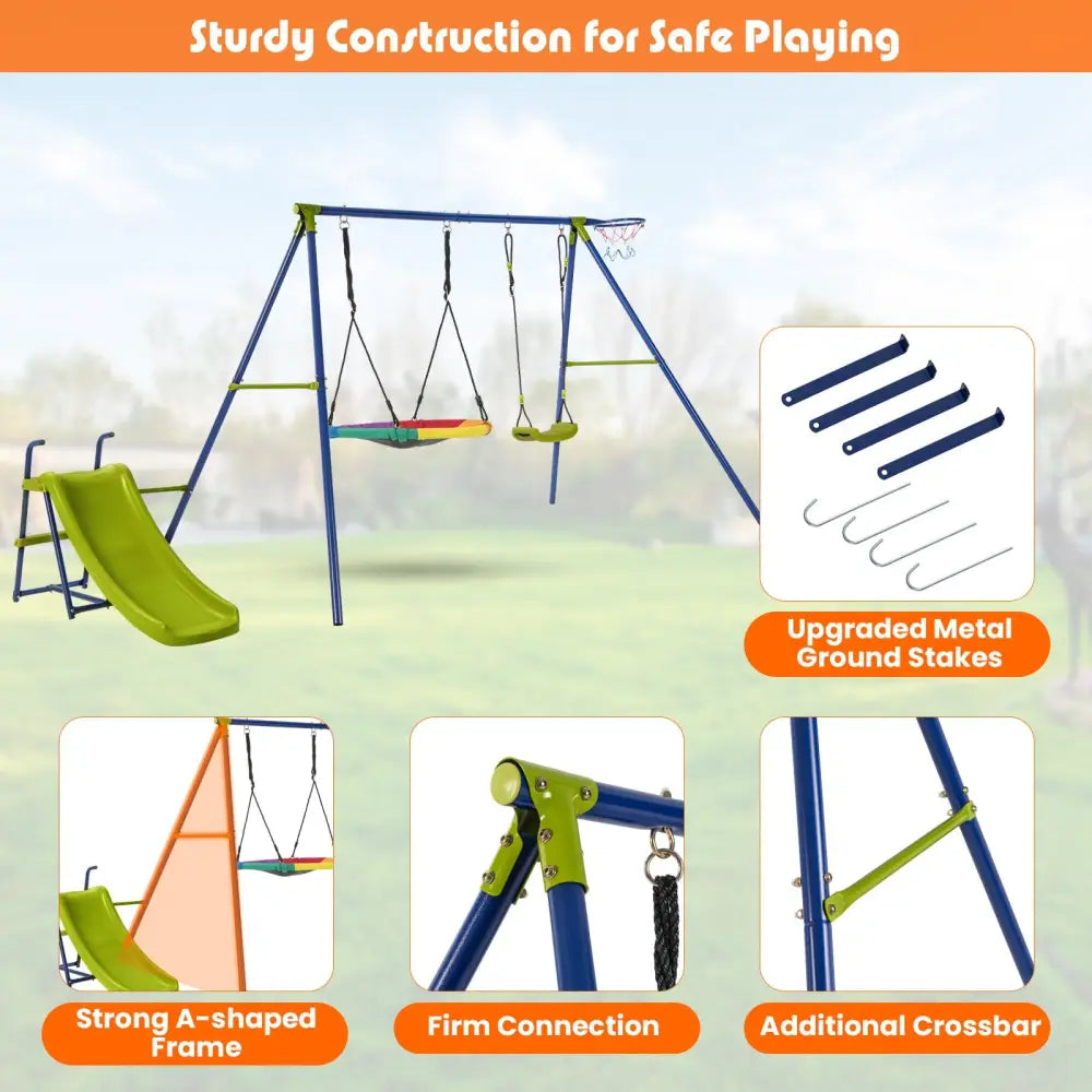 4-in-1 Heavy-Duty Metal Playset with Slide and Basketball Hoop - Multicolor - Swing & Playsets