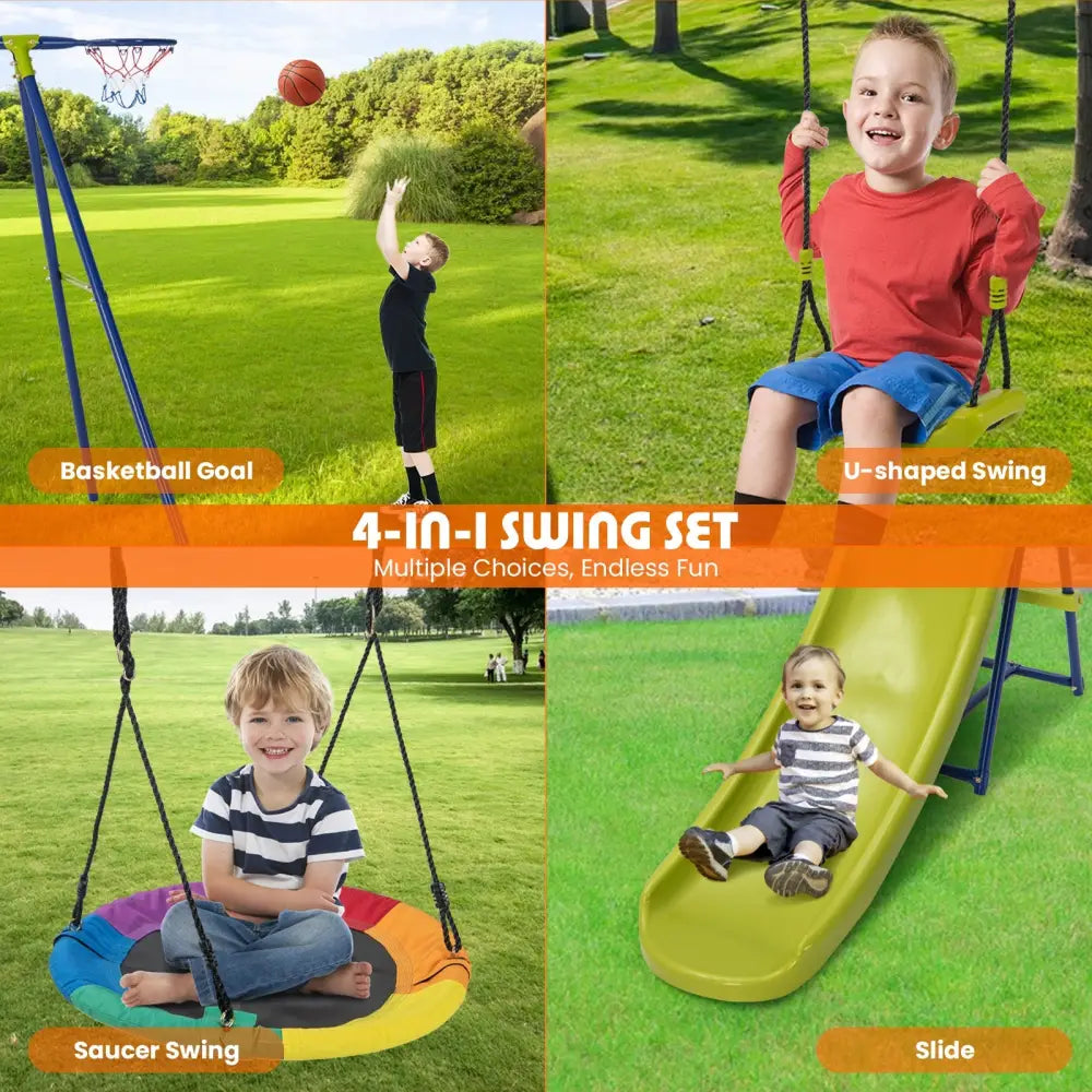 4-in-1 Heavy-Duty Metal Playset with Slide and Basketball Hoop - Multicolor - Swing & Playsets