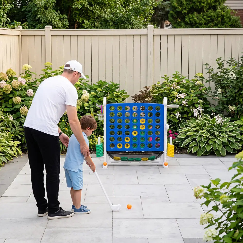 4-in-1 Height Adjustable Row Connect Game with Mesh Net and Carrying Bag-Blue - Blue - Lawn Games