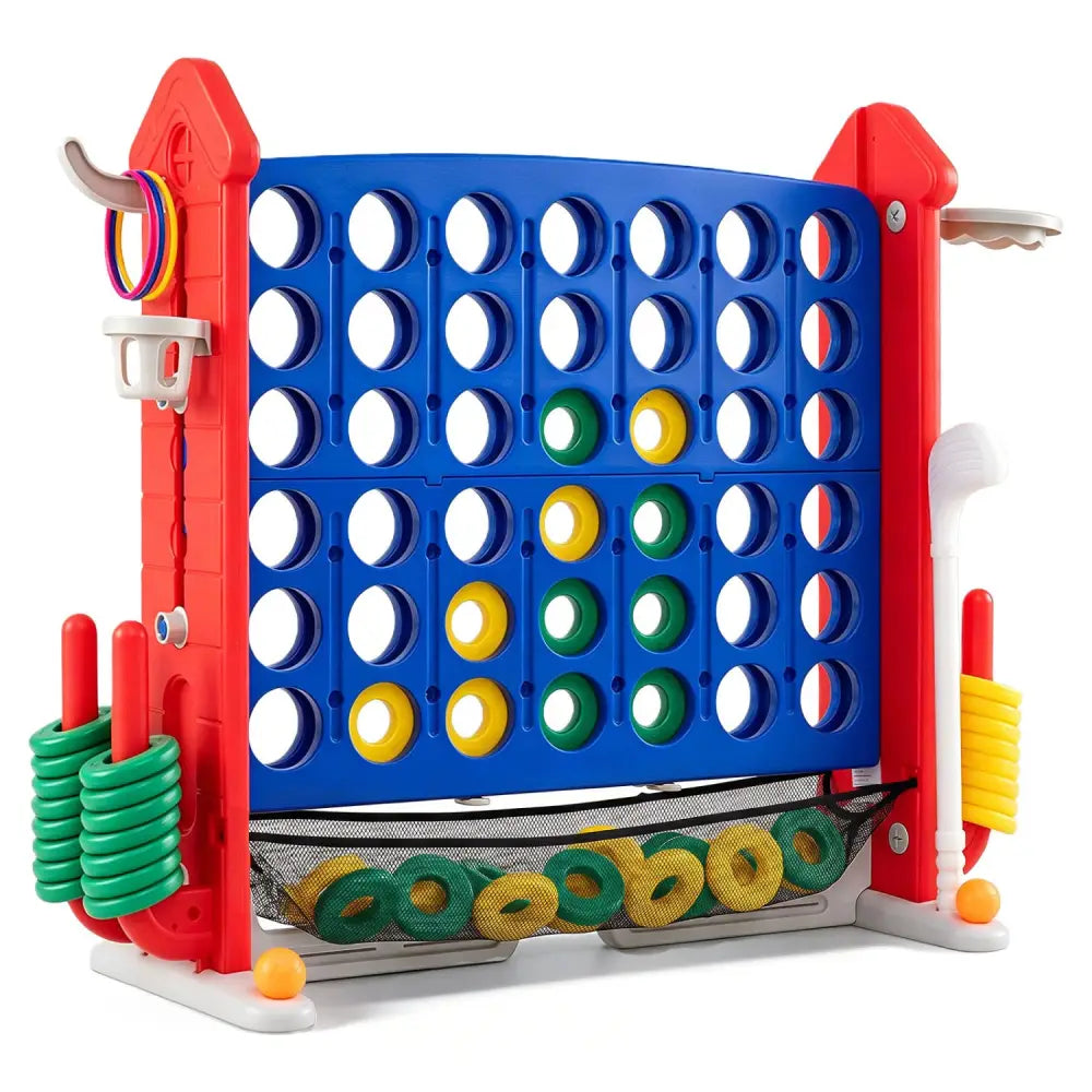 4-in-1 Height Adjustable Row Connect Game with Mesh Net and Carrying Bag-Red - Red - Lawn Games