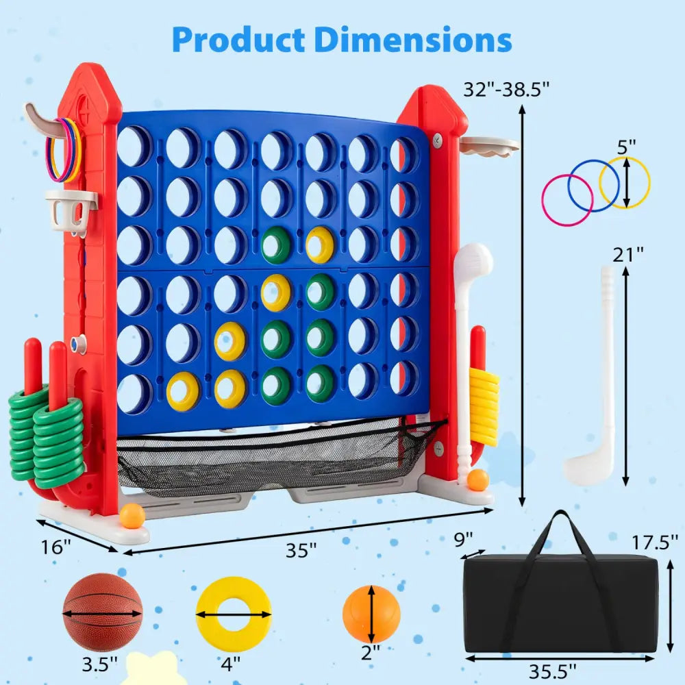 4-in-1 Height Adjustable Row Connect Game with Mesh Net and Carrying Bag-Red - Red - Lawn Games