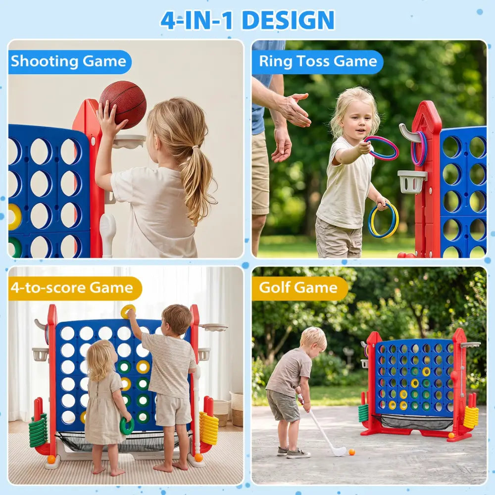 4-in-1 Height Adjustable Row Connect Game with Mesh Net and Carrying Bag-Red - Red - Lawn Games