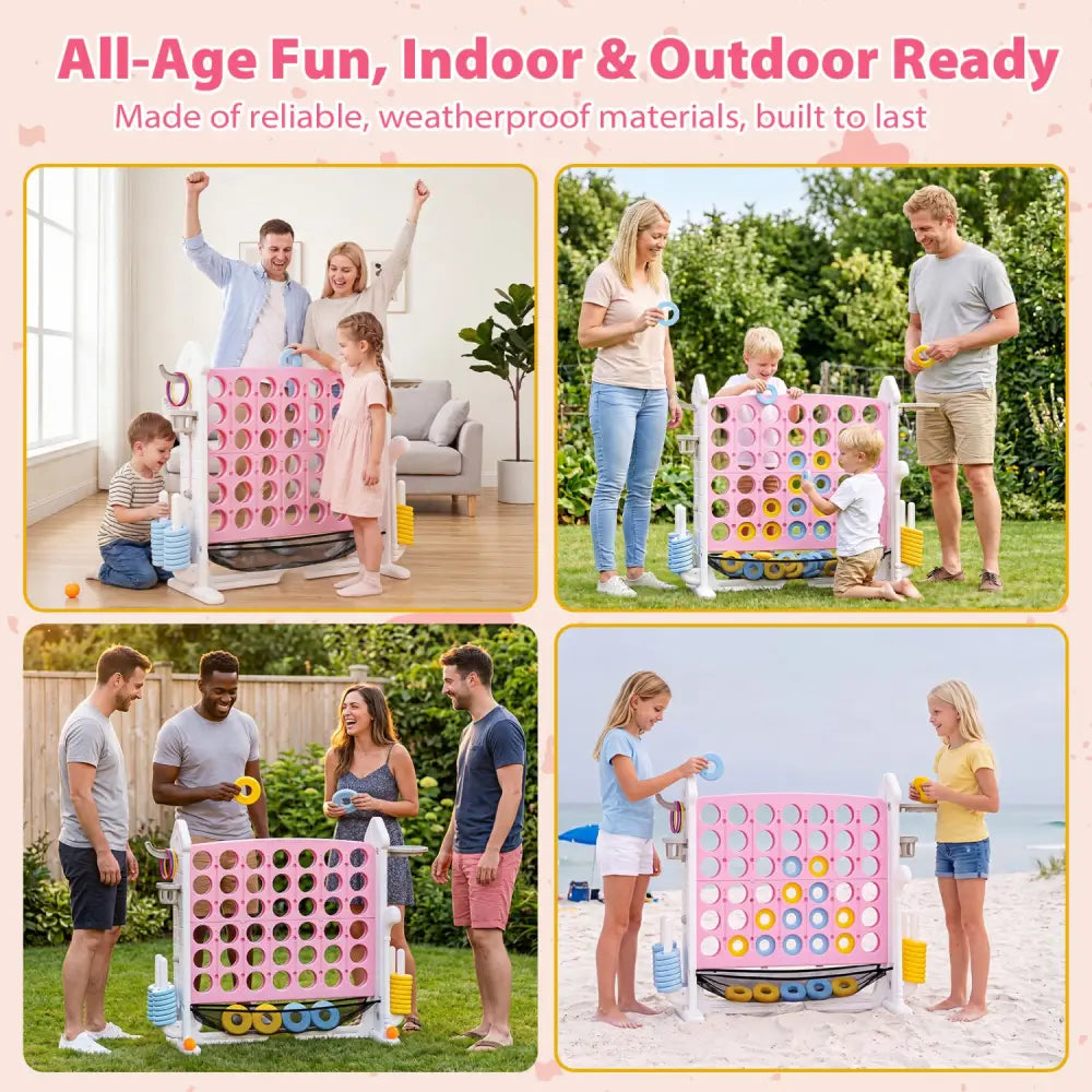 4-in-1 Height Adjustable Row Connect Game with Mesh Net and Carrying Bag-Pink - Pink - Lawn Games