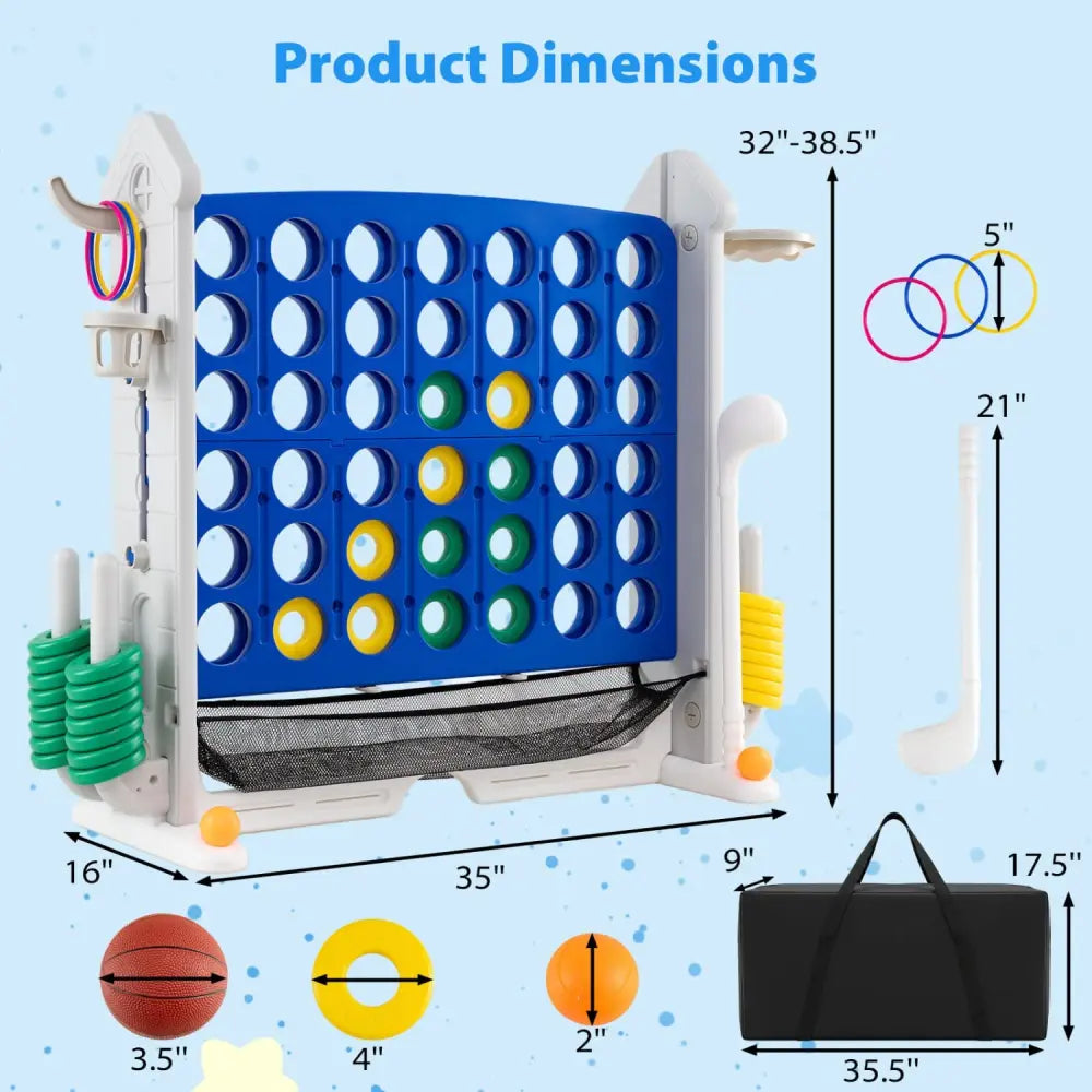 4-in-1 Height Adjustable Row Connect Game with Mesh Net and Carrying Bag-Blue - Blue - Lawn Games