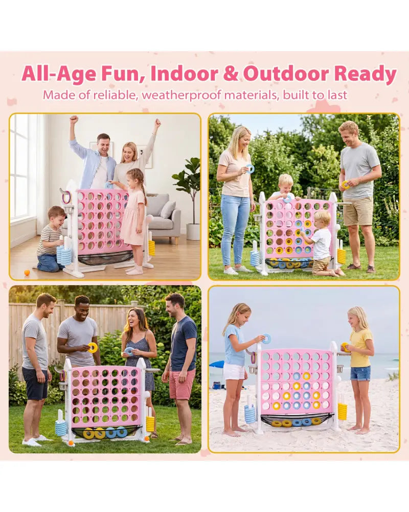 4-in-1 Height Adjustable Row Connect Game with Mesh Net and Carrying Bag-Pink - Pink - Lawn Games