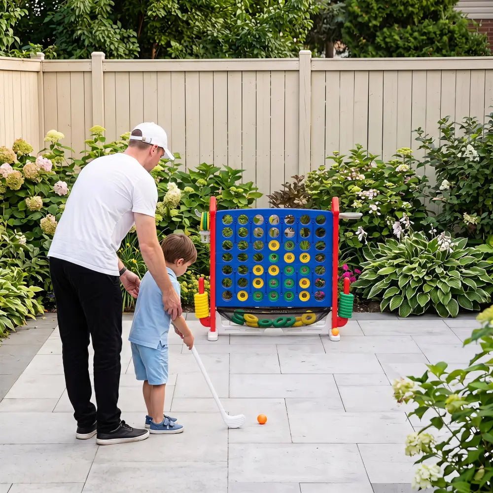 4-in-1 Height Adjustable Row Connect Game with Mesh Net and Carrying Bag-Red - Red - Lawn Games