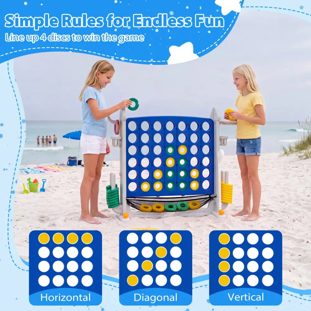 4-in-1 Height Adjustable Row Connect Game with Mesh Net and Carrying Bag-Blue - Blue - Lawn Games