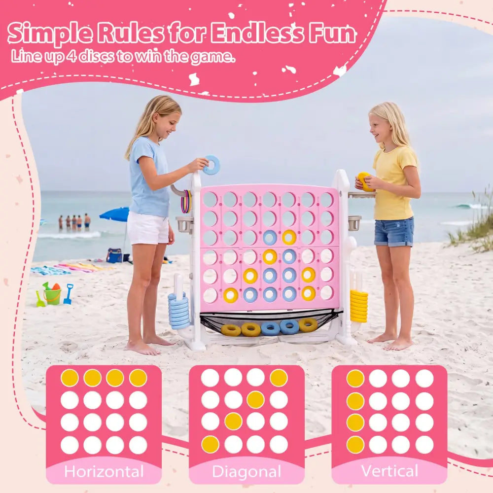 4-in-1 Height Adjustable Row Connect Game with Mesh Net and Carrying Bag-Pink - Pink - Lawn Games
