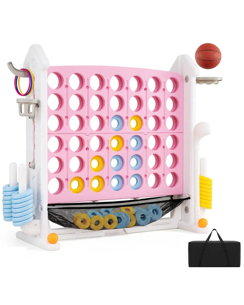 4-in-1 Height Adjustable Row Connect Game with Mesh Net and Carrying Bag-Pink - Pink - Lawn Games