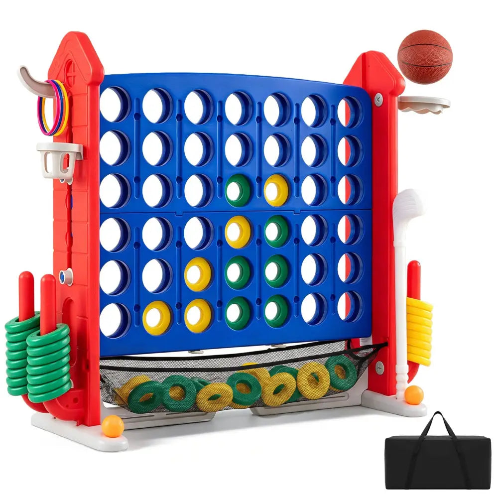 4-in-1 Height Adjustable Row Connect Game with Mesh Net and Carrying Bag-Red - Red - Lawn Games