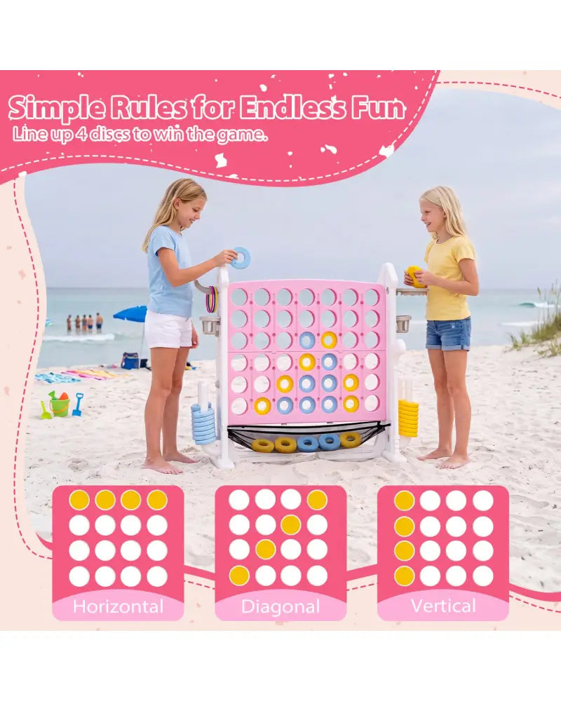 4-in-1 Height Adjustable Row Connect Game with Mesh Net and Carrying Bag-Pink - Pink - Lawn Games
