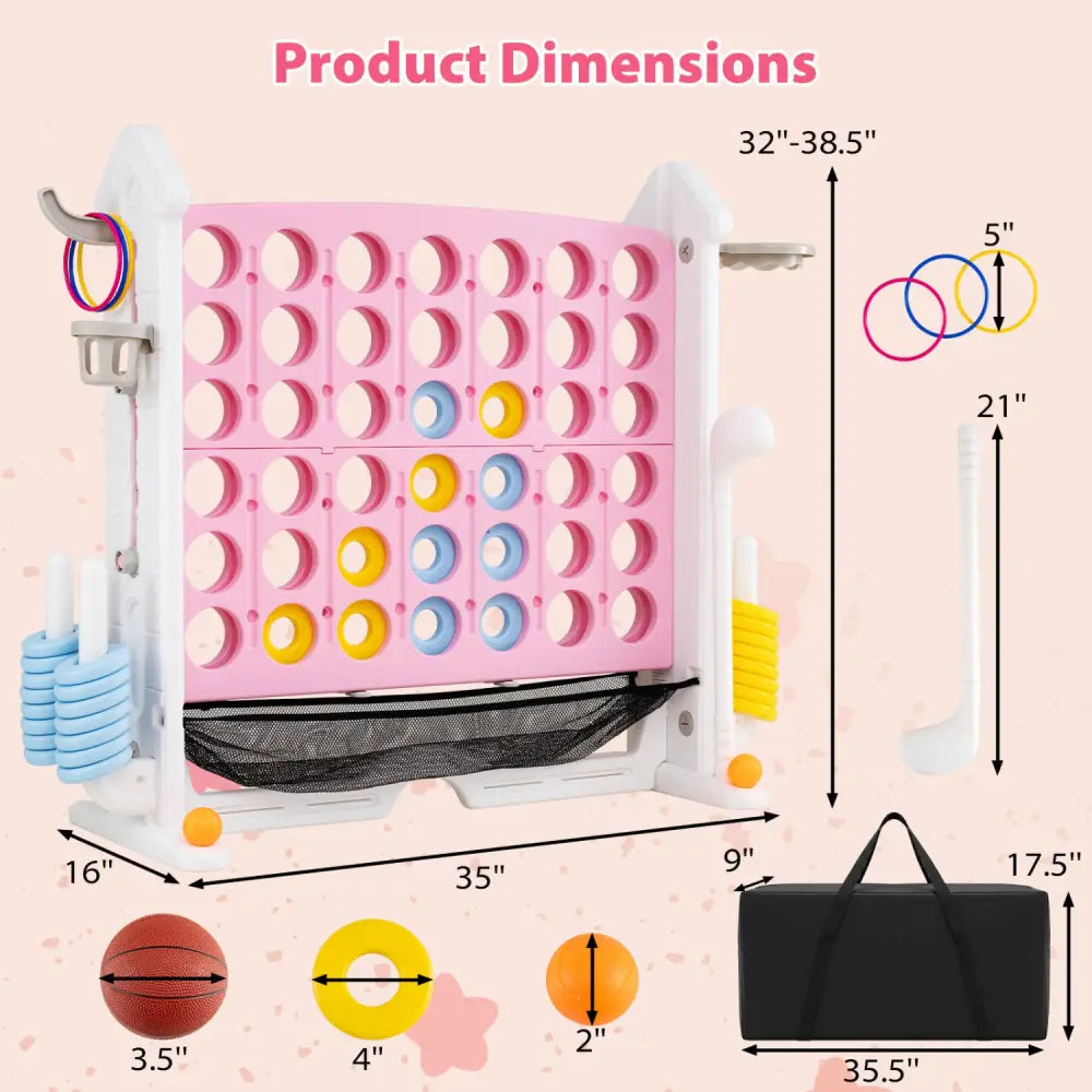 4-in-1 Height Adjustable Row Connect Game with Mesh Net and Carrying Bag-Pink - Pink - Lawn Games