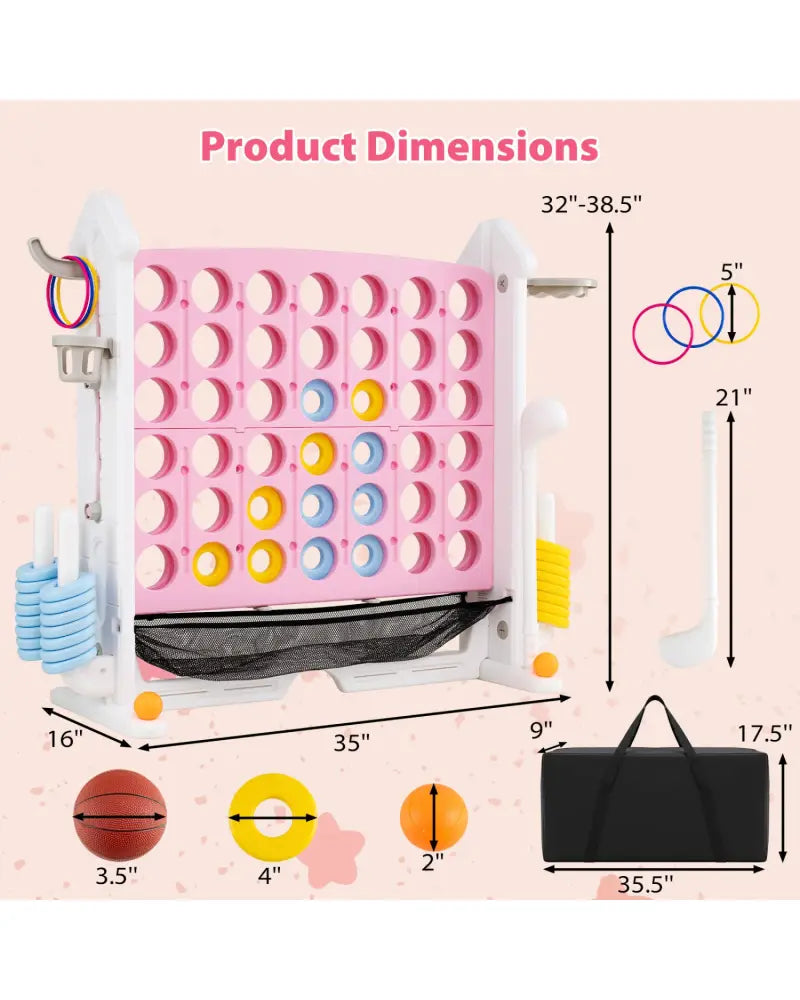 4-in-1 Height Adjustable Row Connect Game with Mesh Net and Carrying Bag-Pink - Pink - Lawn Games