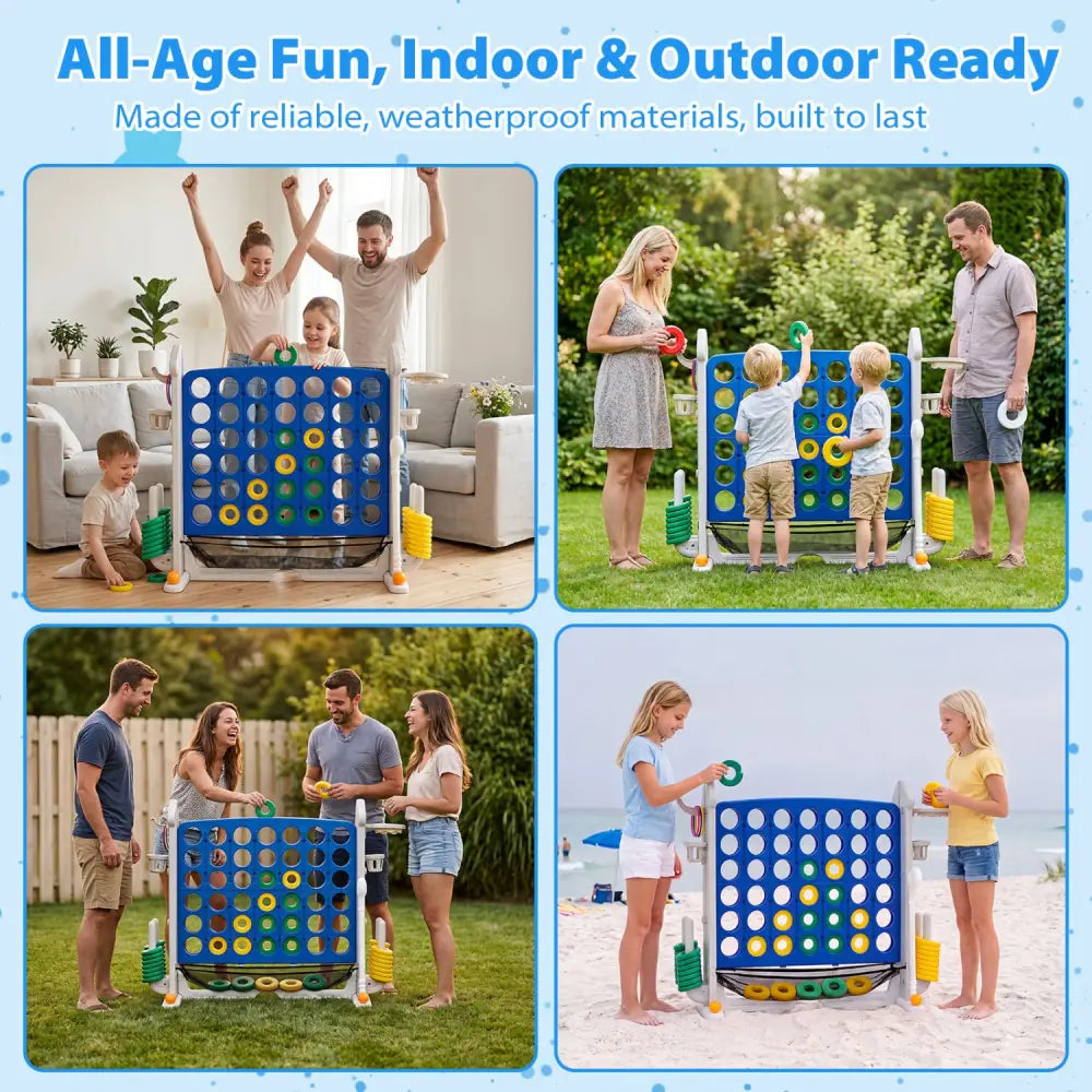 4-in-1 Height Adjustable Row Connect Game with Mesh Net and Carrying Bag-Blue - Blue - Lawn Games