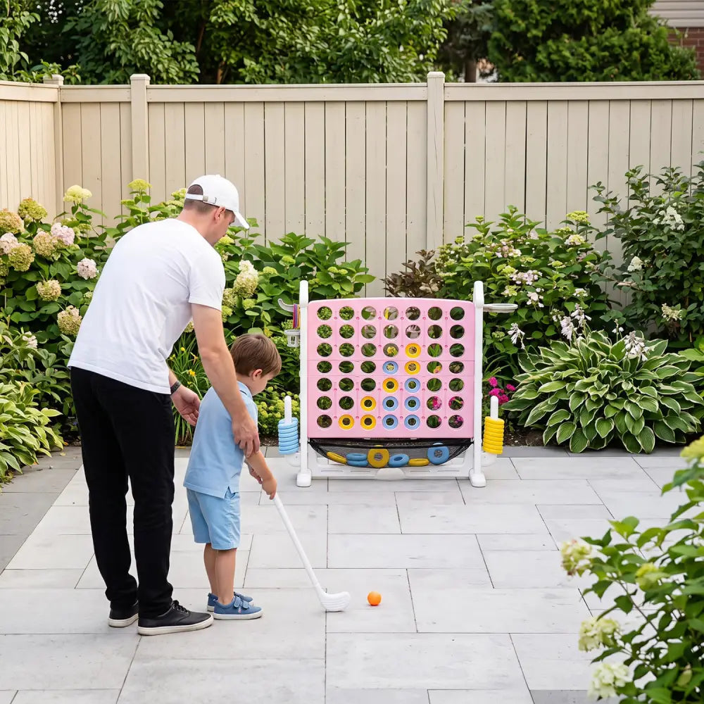 4-in-1 Height Adjustable Row Connect Game with Mesh Net and Carrying Bag-Pink - Pink - Lawn Games