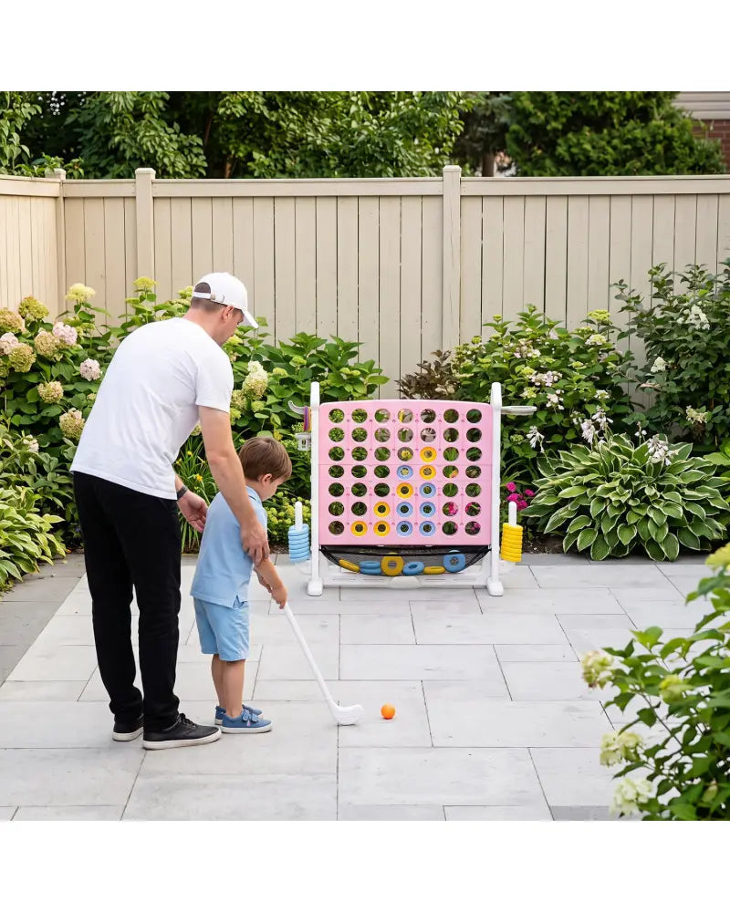 4-in-1 Height Adjustable Row Connect Game with Mesh Net and Carrying Bag-Pink - Pink - Lawn Games