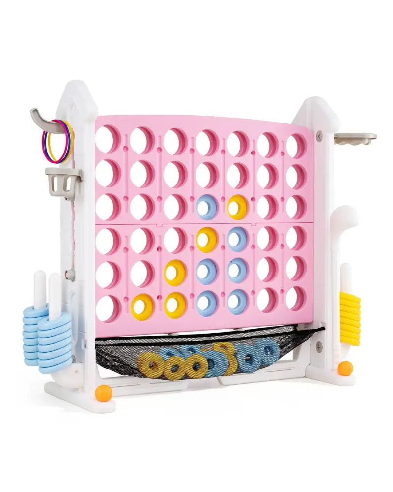 4-in-1 Height Adjustable Row Connect Game with Mesh Net and Carrying Bag-Pink - Pink - Lawn Games