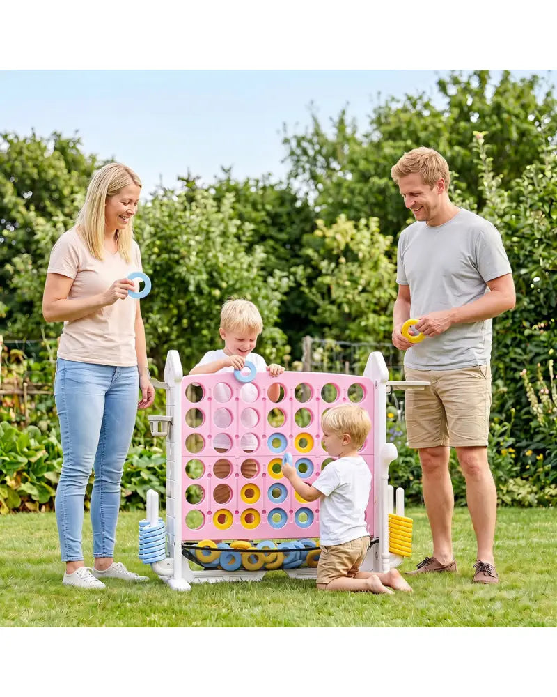 4-in-1 Height Adjustable Row Connect Game with Mesh Net and Carrying Bag-Pink - Pink - Lawn Games