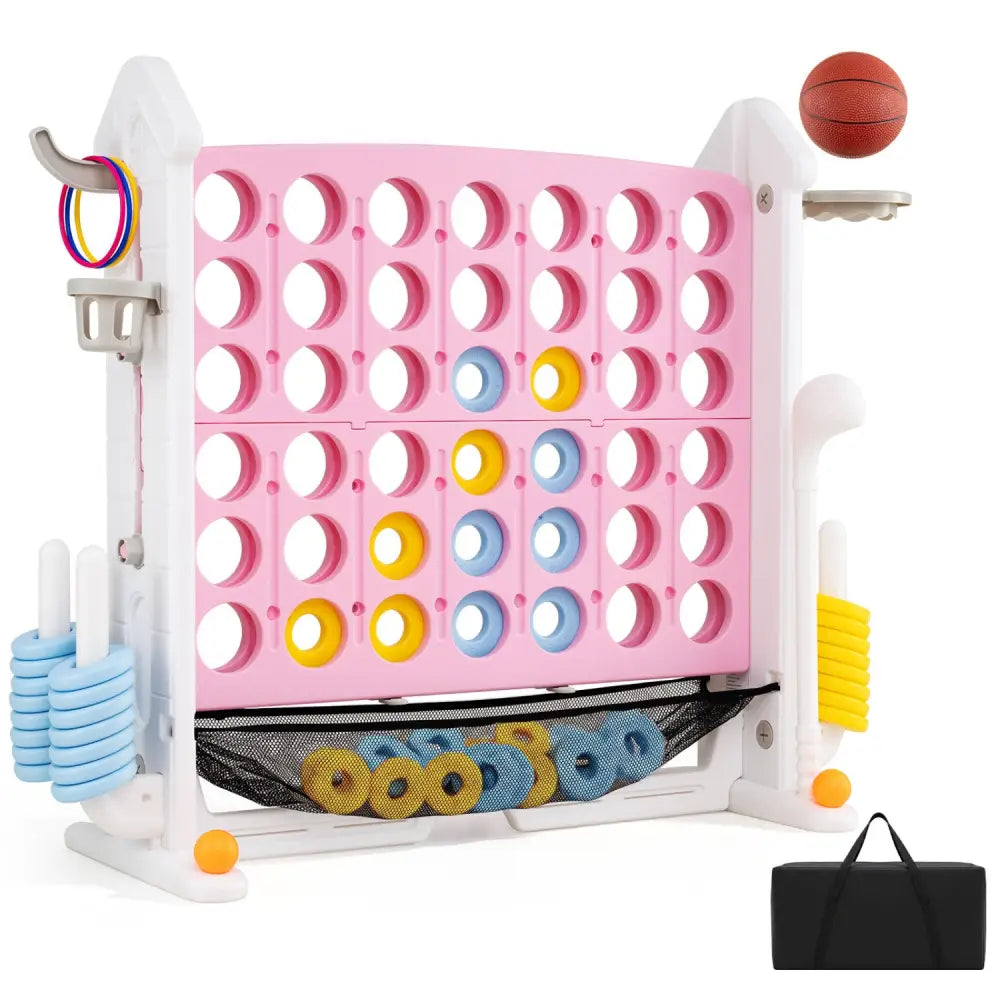 4-in-1 Height Adjustable Row Connect Game with Mesh Net and Carrying Bag-Pink - Pink - Lawn Games