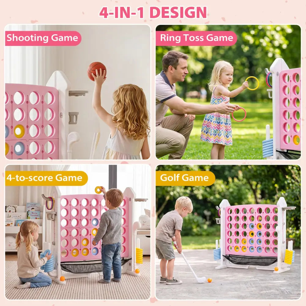 4-in-1 Height Adjustable Row Connect Game with Mesh Net and Carrying Bag-Pink - Pink - Lawn Games