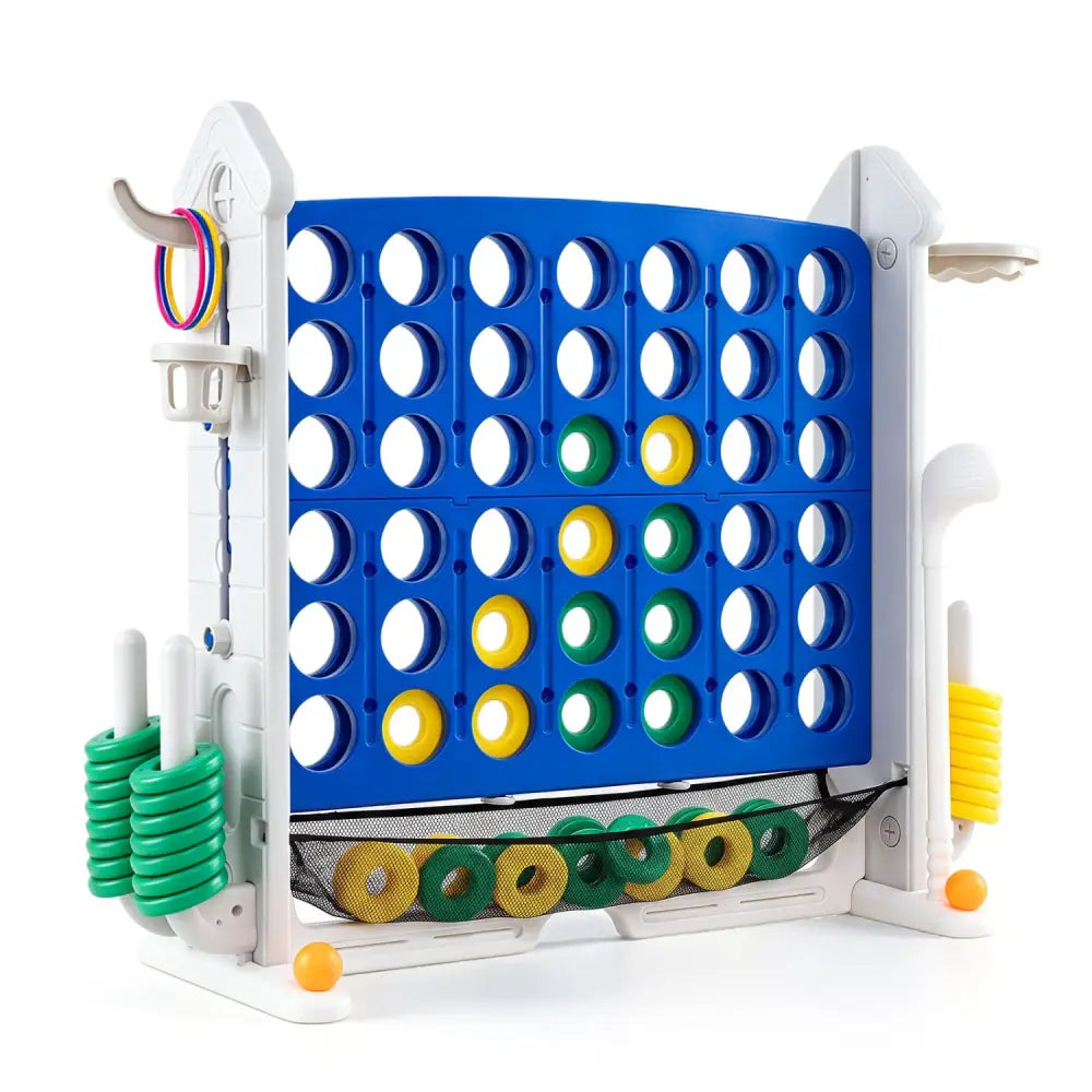 4-in-1 Height Adjustable Row Connect Game with Mesh Net and Carrying Bag-Blue - Blue - Lawn Games