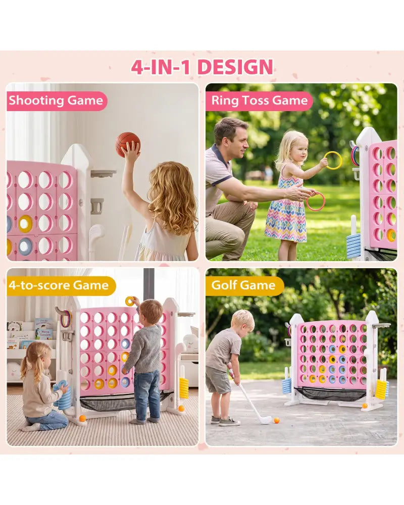 4-in-1 Height Adjustable Row Connect Game with Mesh Net and Carrying Bag-Pink - Pink - Lawn Games