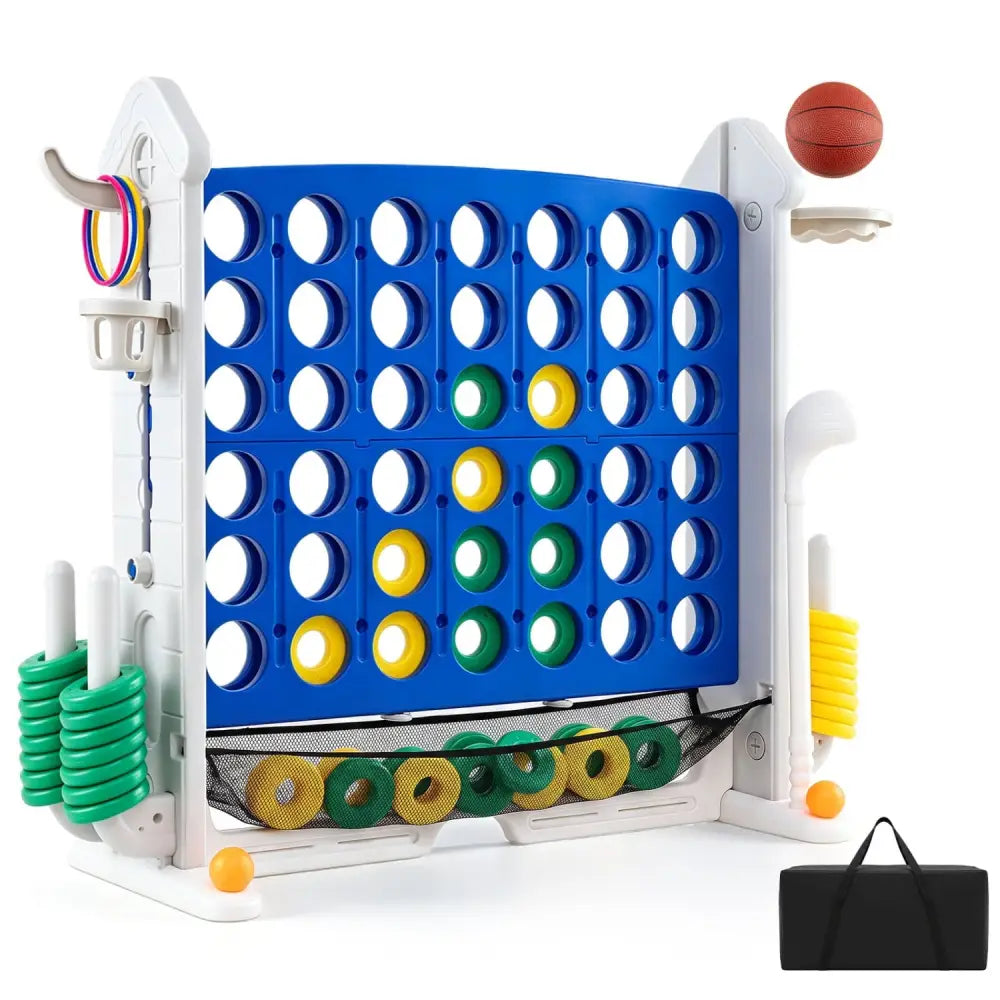4-in-1 Height Adjustable Row Connect Game with Mesh Net and Carrying Bag-Blue - Blue - Lawn Games
