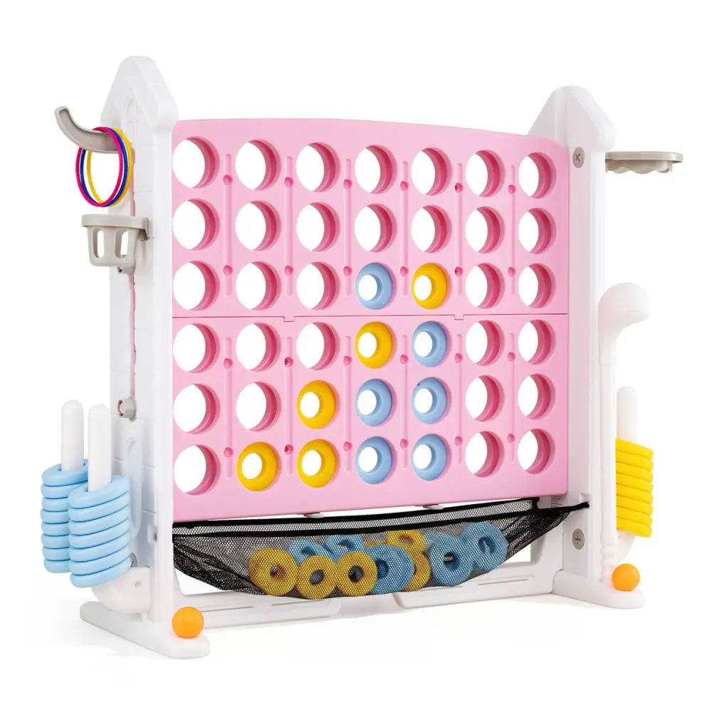 4-in-1 Height Adjustable Row Connect Game with Mesh Net and Carrying Bag-Pink - Pink - Lawn Games