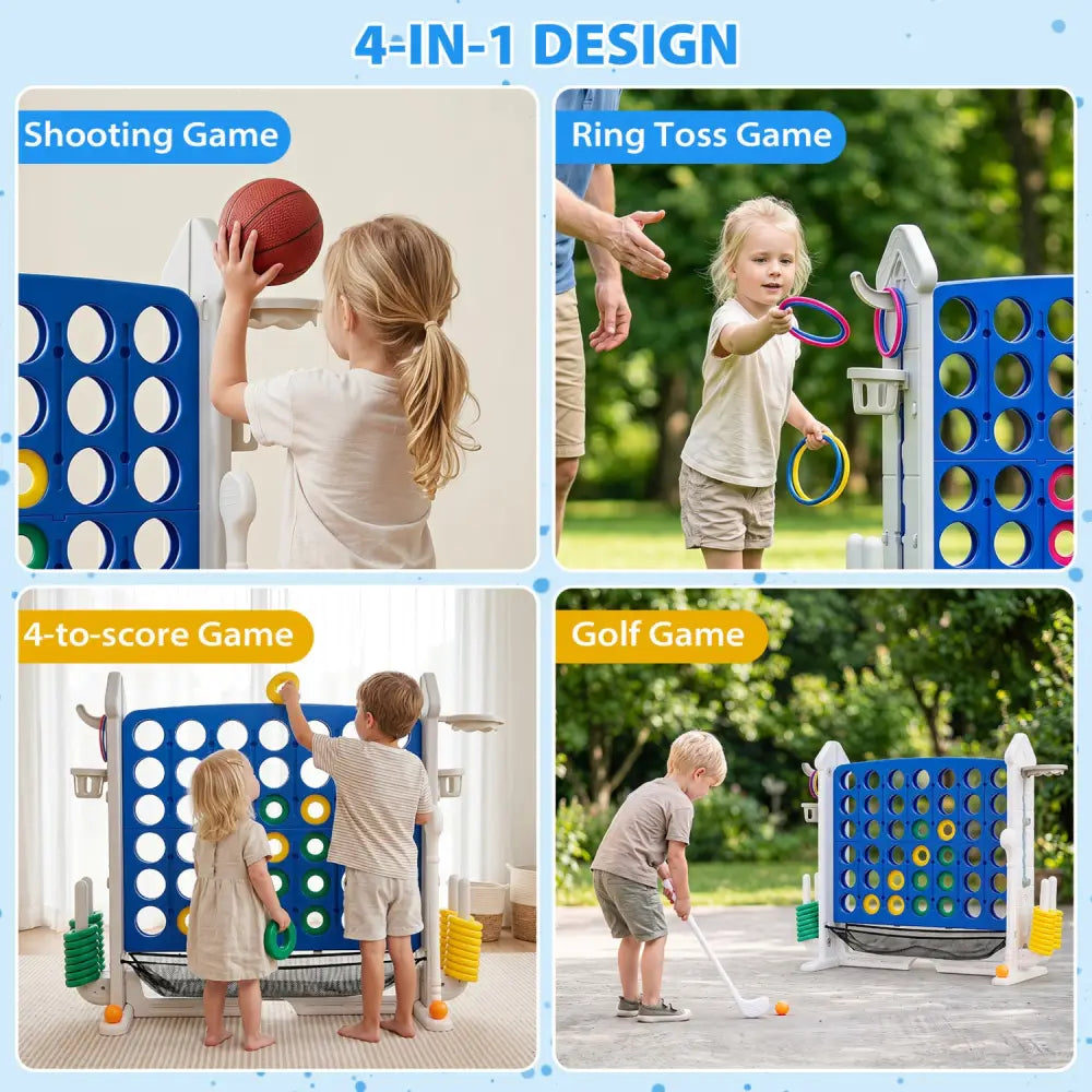 4-in-1 Height Adjustable Row Connect Game with Mesh Net and Carrying Bag-Blue - Blue - Lawn Games