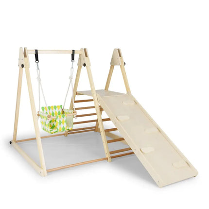4-in-1 Indoor Jungle Gym with Baby Swing and Climbing Ramp-Natural - Natural - Climbers & Slides