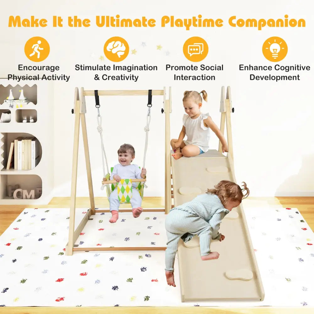 4-in-1 Indoor Jungle Gym with Baby Swing and Climbing Ramp-Natural - Natural - Climbers & Slides