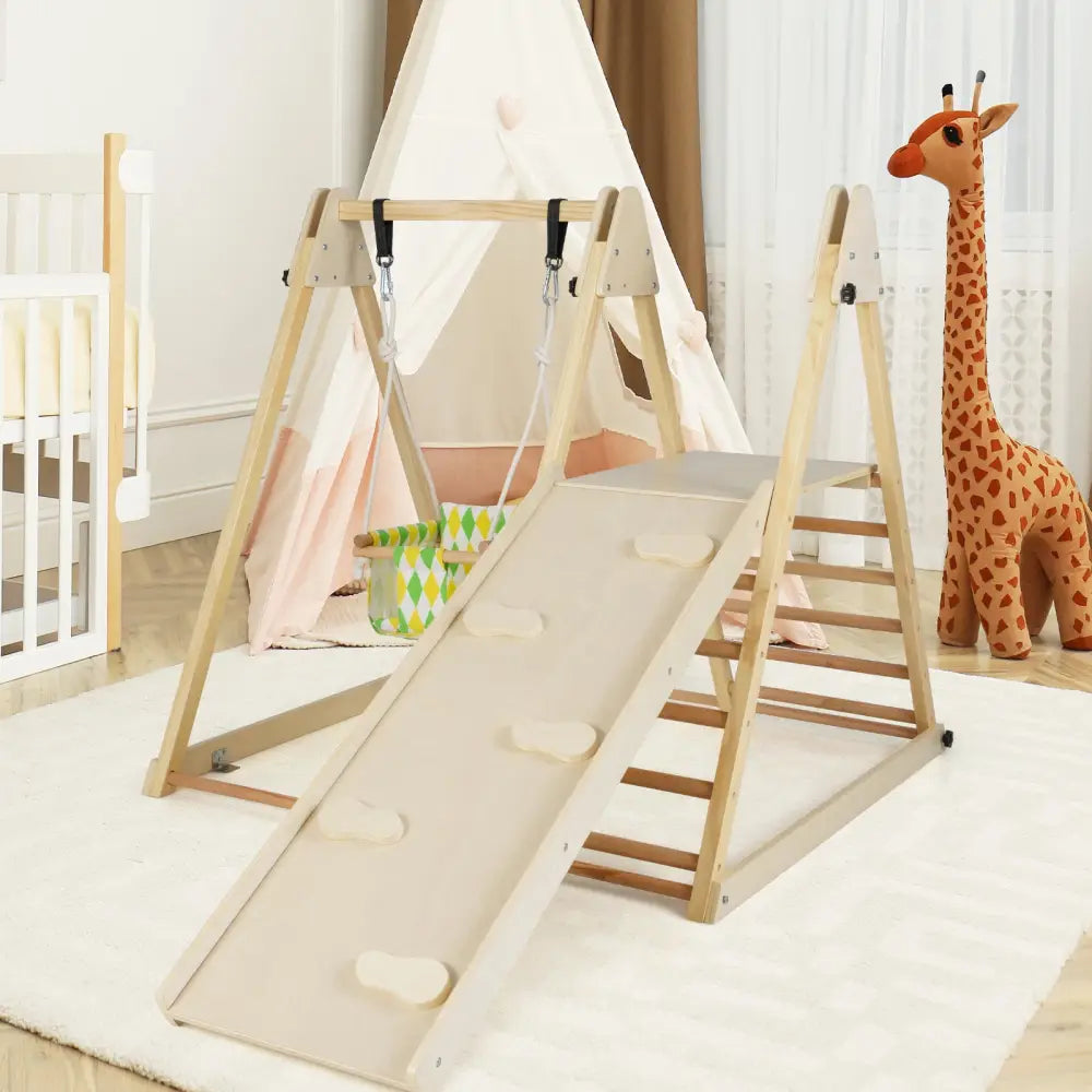 4-in-1 Indoor Jungle Gym with Baby Swing and Climbing Ramp-Natural - Natural - Climbers & Slides