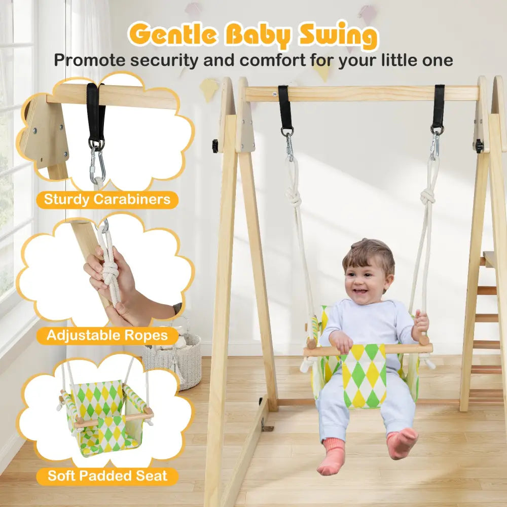 4-in-1 Indoor Jungle Gym with Baby Swing and Climbing Ramp-Natural - Natural - Climbers & Slides