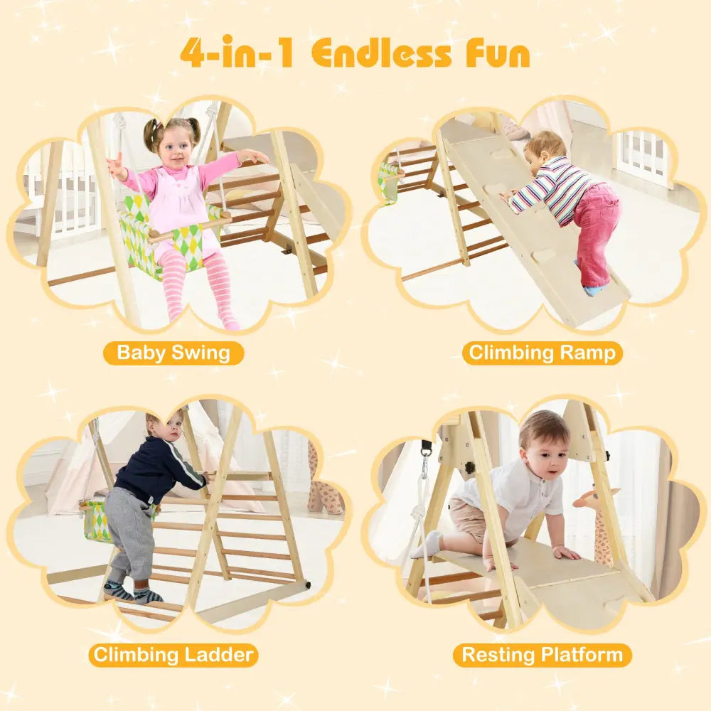 4-in-1 Indoor Jungle Gym with Baby Swing and Climbing Ramp-Natural - Natural - Climbers & Slides