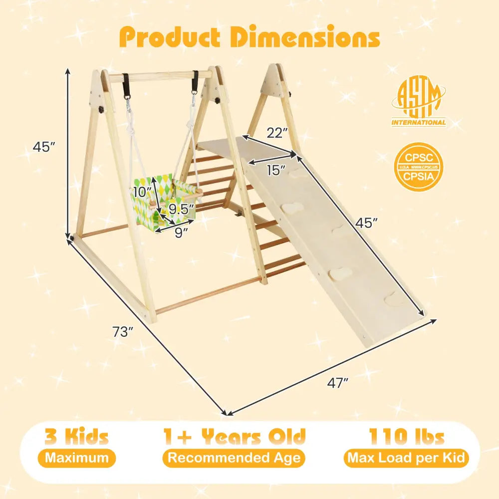4-in-1 Indoor Jungle Gym with Baby Swing and Climbing Ramp-Natural - Natural - Climbers & Slides