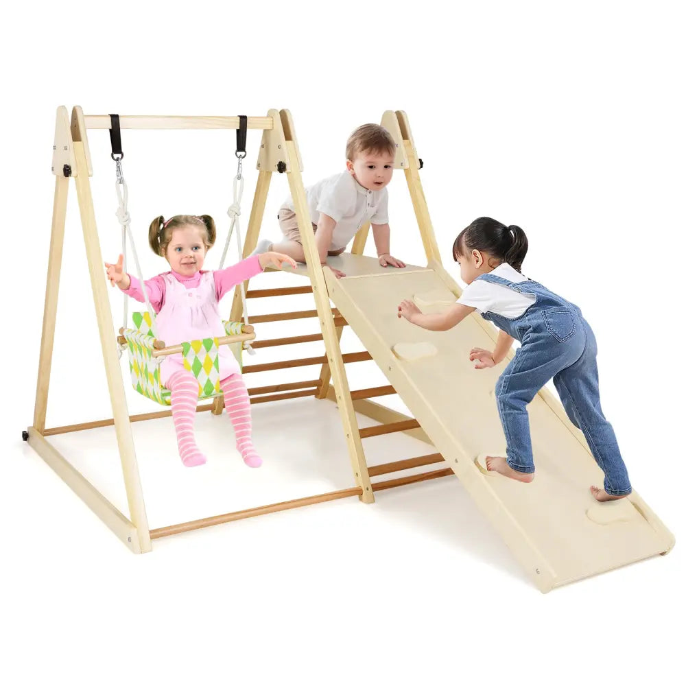 4-in-1 Indoor Jungle Gym with Baby Swing and Climbing Ramp-Natural - Natural - Climbers & Slides