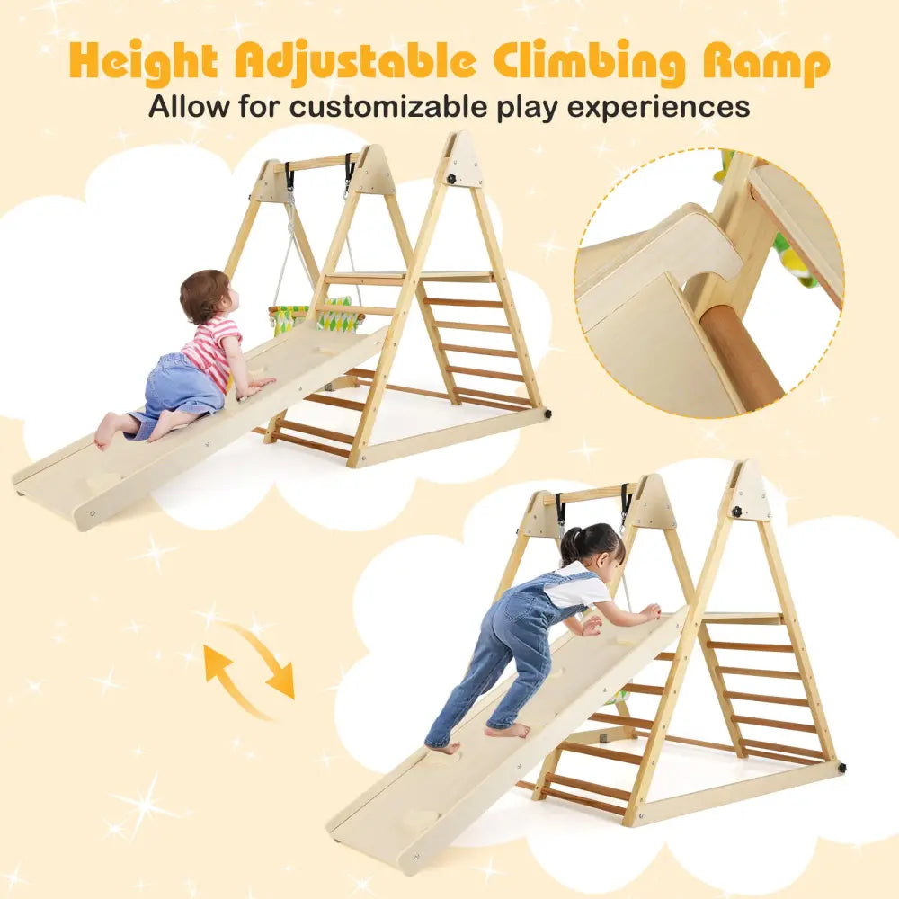 4-in-1 Indoor Jungle Gym with Baby Swing and Climbing Ramp-Natural - Natural - Climbers & Slides