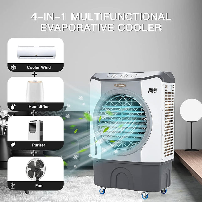4 - in - 1 Industrial Evaporative Air Cooler Fan with 12 Gallon Tank and Wheels - Gray - Oasis Home Essentials