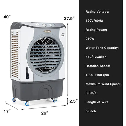 4 - in - 1 Industrial Evaporative Air Cooler Fan with 12 Gallon Tank and Wheels - Gray - Oasis Home Essentials