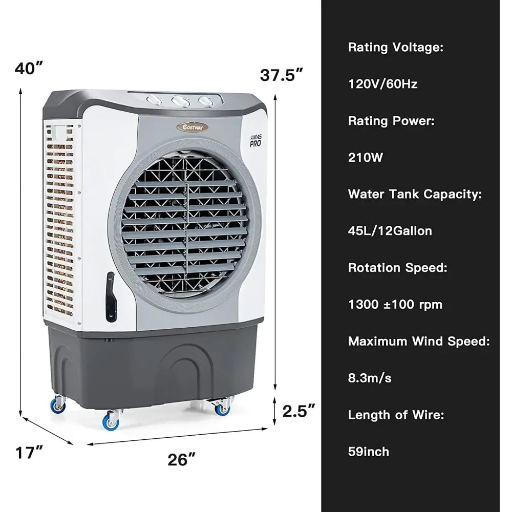 4 - in - 1 Industrial Evaporative Air Cooler Fan with 12 Gallon Tank and Wheels - Gray - Oasis Home Essentials