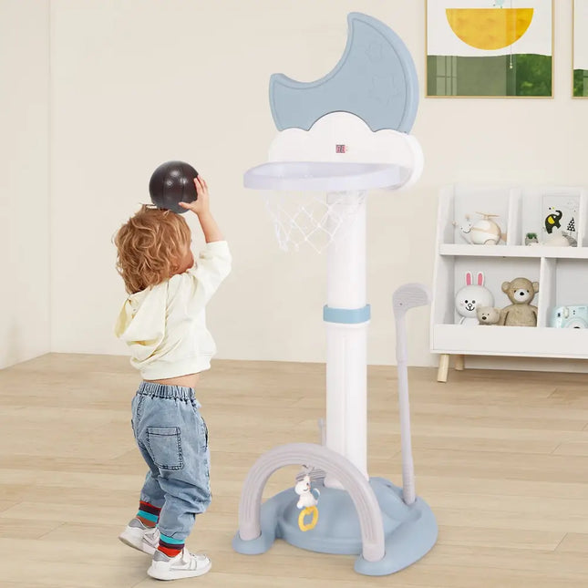 4-In-1 Kids Basketball Hoop with Moon-shaped Electronic Scoreboard and Play Set-Blue - Blue - Toy Sports
