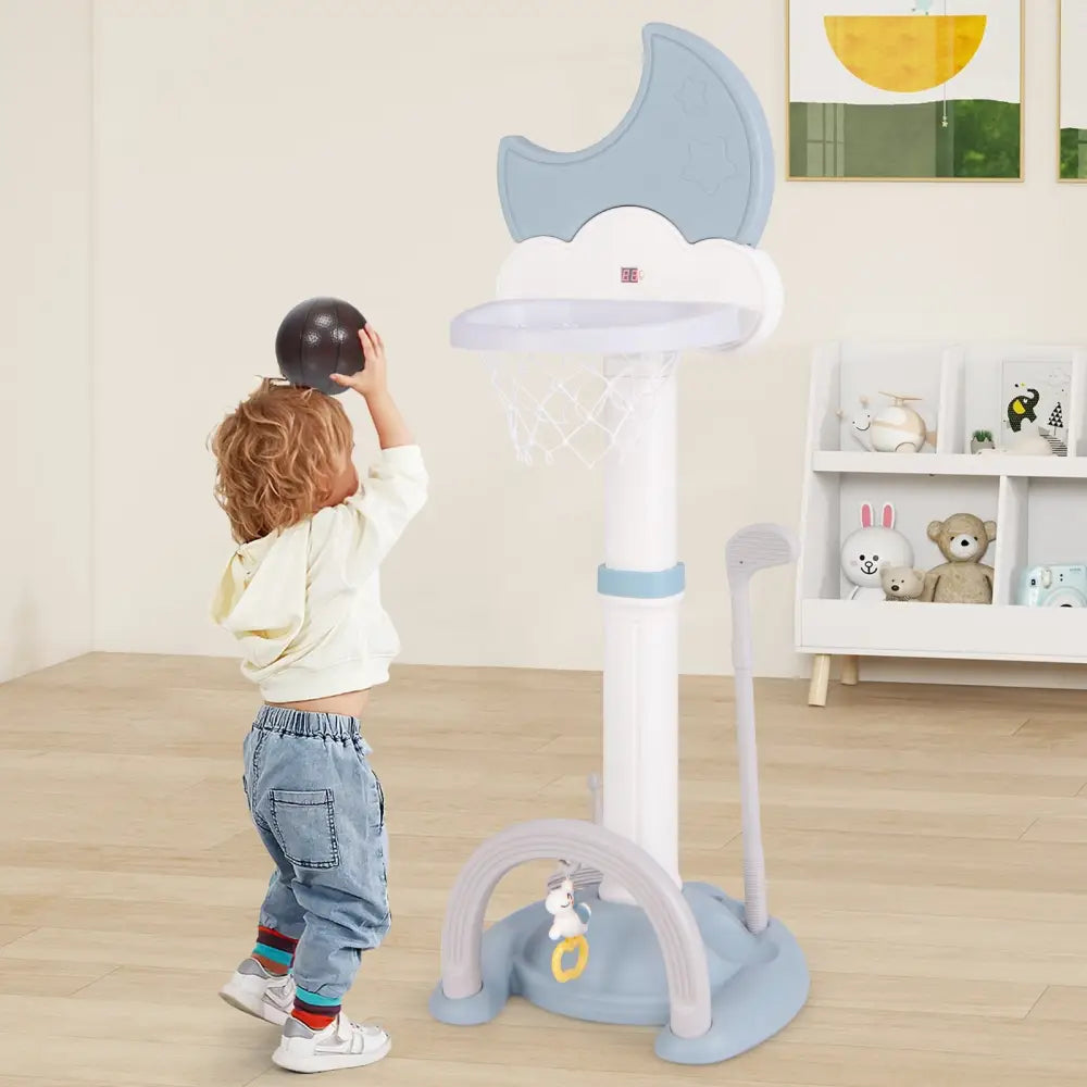 4-In-1 Kids Basketball Hoop with Moon-shaped Electronic Scoreboard and Play Set-Blue - Blue - Toy Sports