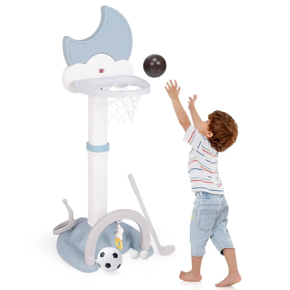 4-In-1 Kids Basketball Hoop with Moon-shaped Electronic Scoreboard and Play Set-Blue - Blue - Toy Sports
