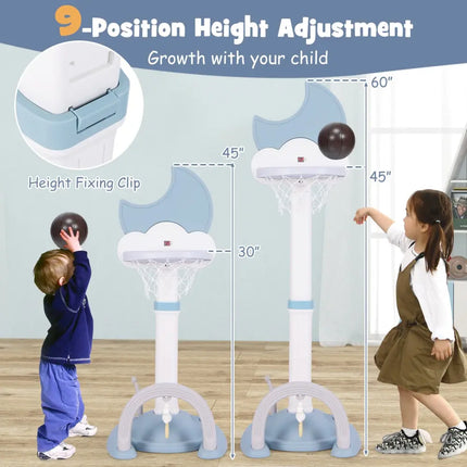 4-In-1 Kids Basketball Hoop with Moon-shaped Electronic Scoreboard and Play Set-Blue - Blue - Toy Sports